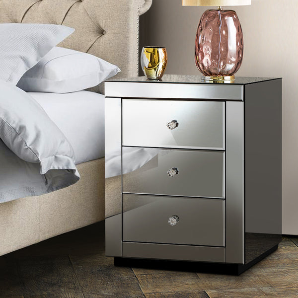 Artiss Mirrored Bedside table Drawers Furniture Mirror Glass Presia Smoky Grey freeshipping - Awezingly