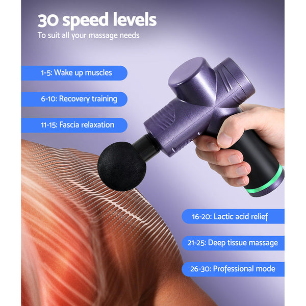 Everfit 30 Speed Massage Gun 4 Head Vibration Muscle Massager Percussion Relief Purple Everfit