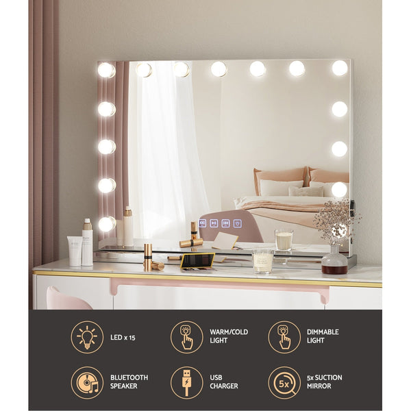 Embellir Bluetooth Makeup Mirror 58X46cm Hollywood with Light Dimmable 15 LED Embellir