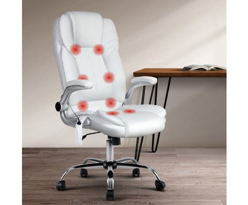 8 Point PU Leather Massage Office Chair - White freeshipping - Awezingly
