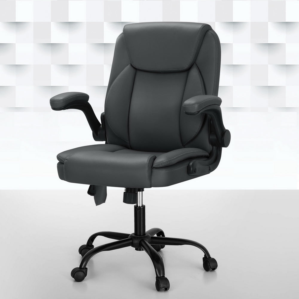 Artiss 2 Point Massage Office Chair Leather Mid Back Grey Artiss