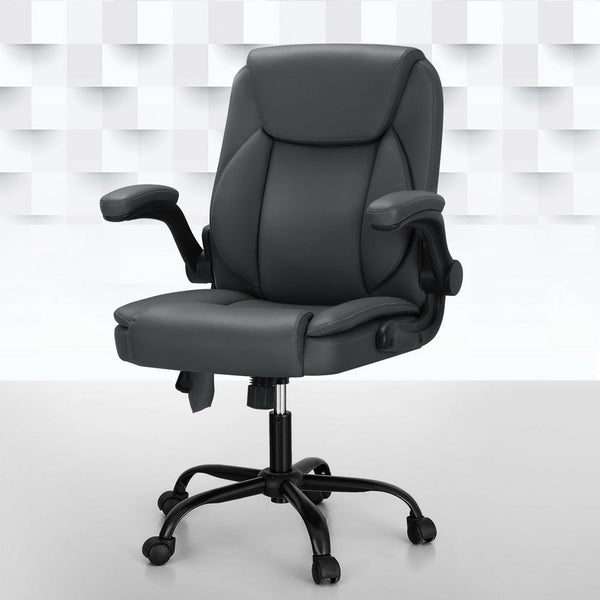 Artiss 2 Point Massage Office Chair Leather Mid Back Grey Artiss