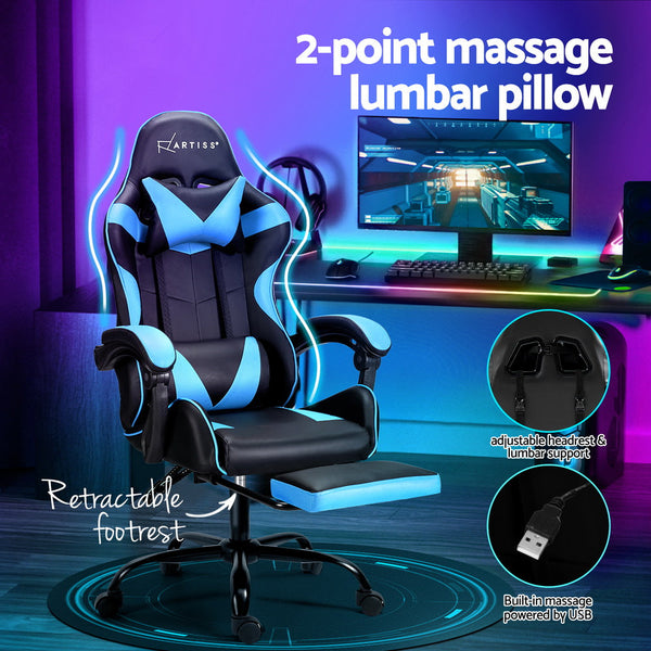 Artiss 2 Point Massage Gaming Office Chair Footrest Cyan Blue Artiss