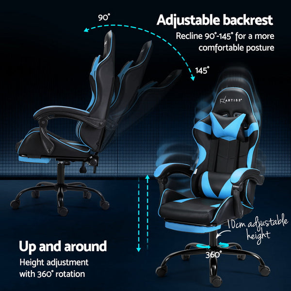 Artiss 2 Point Massage Gaming Office Chair Footrest Cyan Blue Artiss