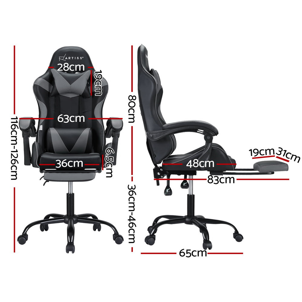 Artiss 2 Point Massage Gaming Office Chair Footrest Grey Artiss