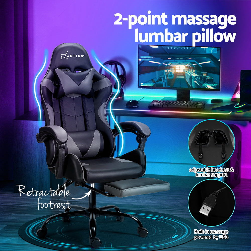 Artiss 2 Point Massage Gaming Office Chair Footrest Grey Artiss