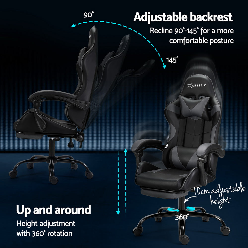 Artiss 2 Point Massage Gaming Office Chair Footrest Grey Artiss
