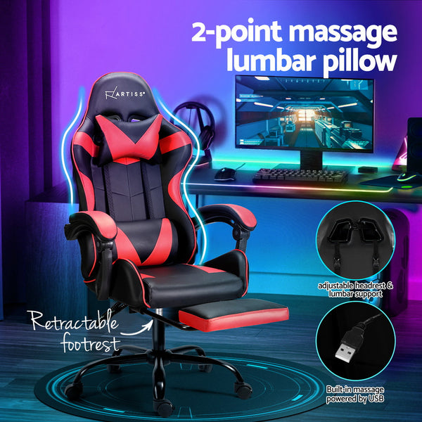 Artiss 2 Point Massage Gaming Office Chair Footrest Red Artiss