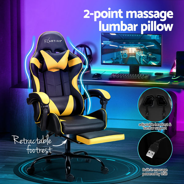 Artiss 2 Point Massage Gaming Office Chair Footrest Yellow Artiss