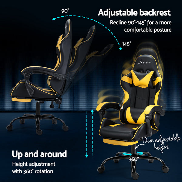 Artiss 2 Point Massage Gaming Office Chair Footrest Yellow Artiss