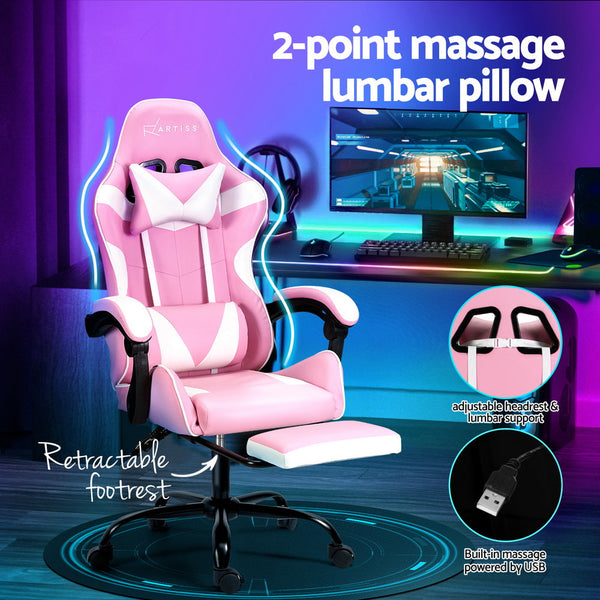 Artiss 2 Point Massage Gaming Office Chair Footrest Pink Artiss