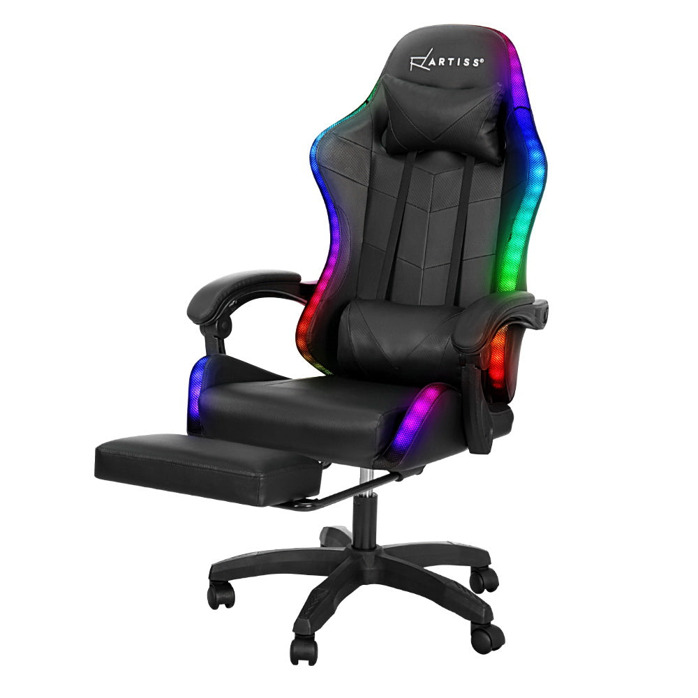Artiss Massage Gaming Office Chair 7 LED Computer Chairs Leather Footrest Black Artiss