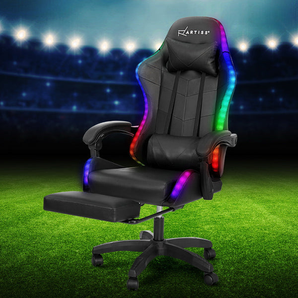 Artiss Massage Gaming Office Chair 7 LED Computer Chairs Leather Footrest Black Artiss