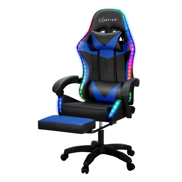 Artiss 6 Point Massage Gaming Office Chair 7 LED Footrest Blue Artiss