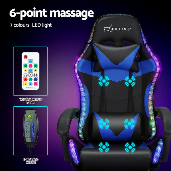 Artiss 6 Point Massage Gaming Office Chair 7 LED Footrest Blue Artiss