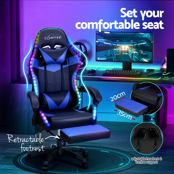 Artiss 6 Point Massage Gaming Office Chair 7 LED Footrest Blue Artiss