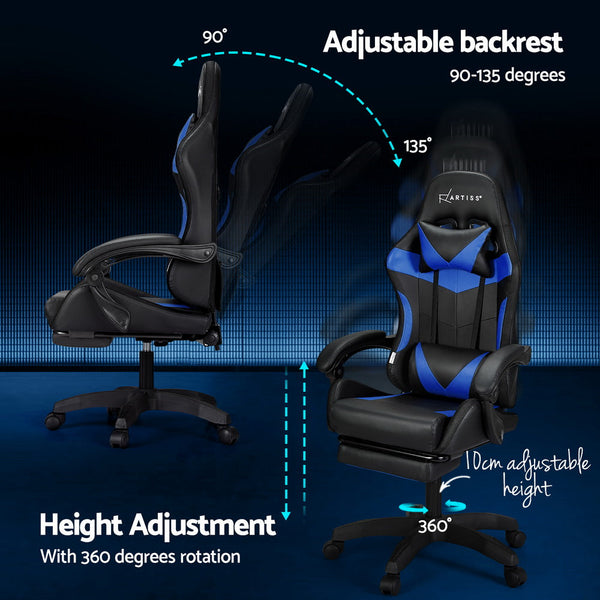 Artiss 6 Point Massage Gaming Office Chair 7 LED Footrest Blue Artiss