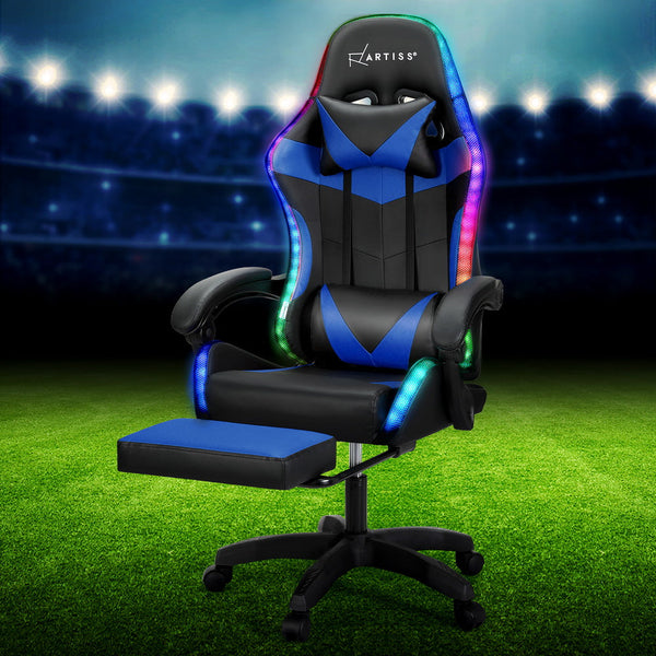 Artiss 6 Point Massage Gaming Office Chair 7 LED Footrest Blue Artiss