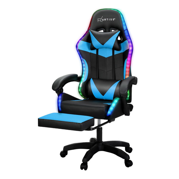 Artiss 6 Point Massage Gaming Office Chair 7 LED Footrest Cyan Blue Artiss