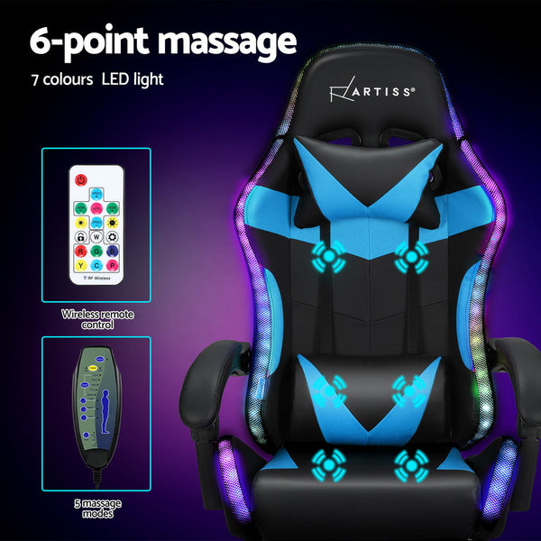 Artiss 6 Point Massage Gaming Office Chair 7 LED Footrest Cyan Blue Artiss