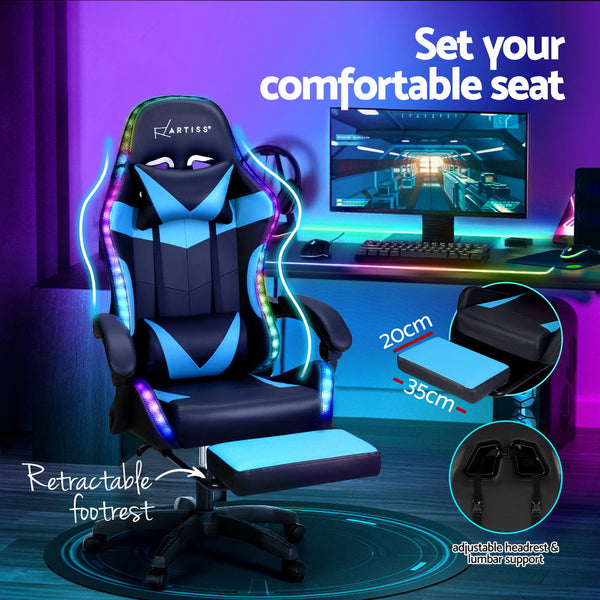 Artiss 6 Point Massage Gaming Office Chair 7 LED Footrest Cyan Blue Artiss