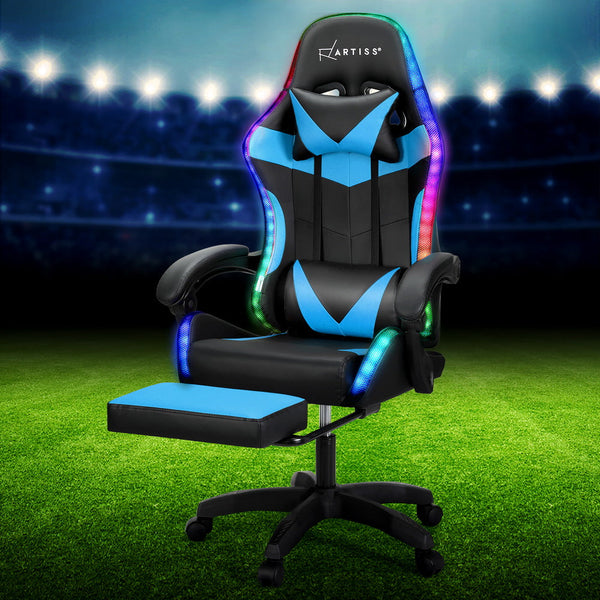 Artiss 6 Point Massage Gaming Office Chair 7 LED Footrest Cyan Blue Artiss