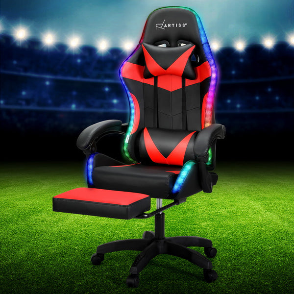 Artiss 6 Point Massage Gaming Office Chair 7 LED Footrest Red Artiss