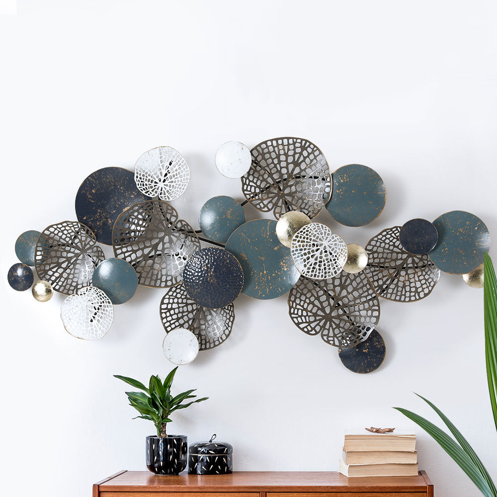 Artiss Metal Wall Art Hanging Sculpture 132cm Home Decor Leaf Circles Blue Artiss
