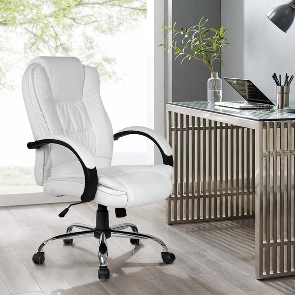 PU Leather Padded Office Desk Computer Chair - White Artiss