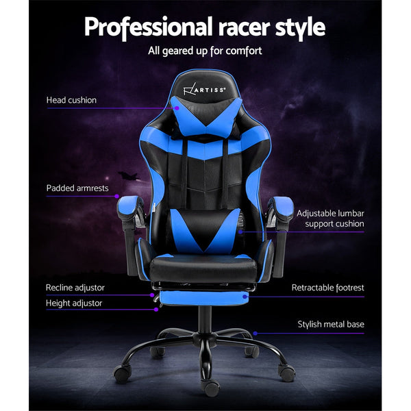 Artiss Office Chair Leather Gaming Chairs Footrest Recliner Study Work Blue Artiss