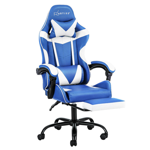 Artiss Gaming Office Chair Executive Computer Leather Chairs Footrest Blue White Artiss