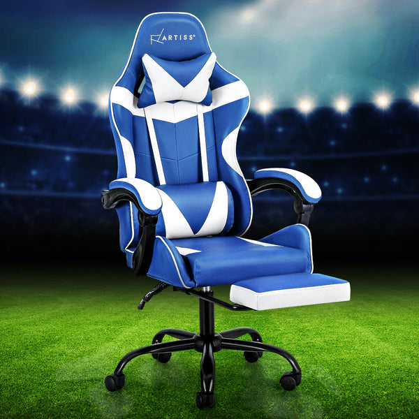 Artiss Gaming Office Chair Executive Computer Leather Chairs Footrest Blue White Artiss