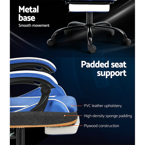 Artiss Gaming Office Chair Executive Computer Leather Chairs Footrest Blue White Artiss