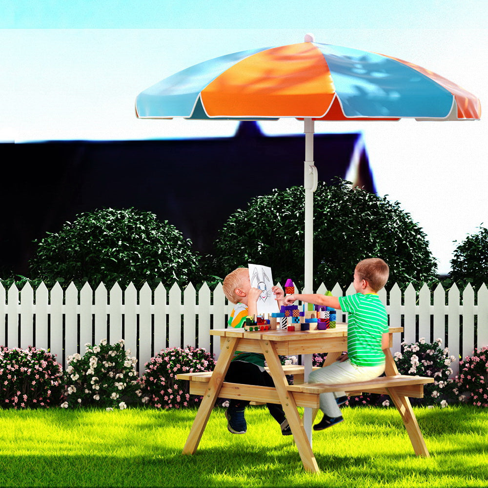 Keezi Kids Outdoor Table and Chairs Picnic Bench Set Umbrella Water Sand Pit Box Keezi