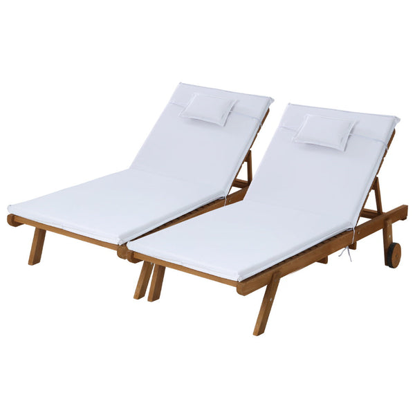 Gardeon 2pc Sun Lounge Wooden Lounger Outdoor Furniture Day Bed Wheel Patio White Gardeon