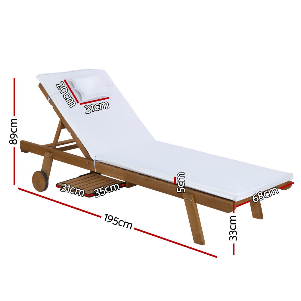 Gardeon 2pc Sun Lounge Wooden Lounger Outdoor Furniture Day Bed Wheel Patio White Gardeon