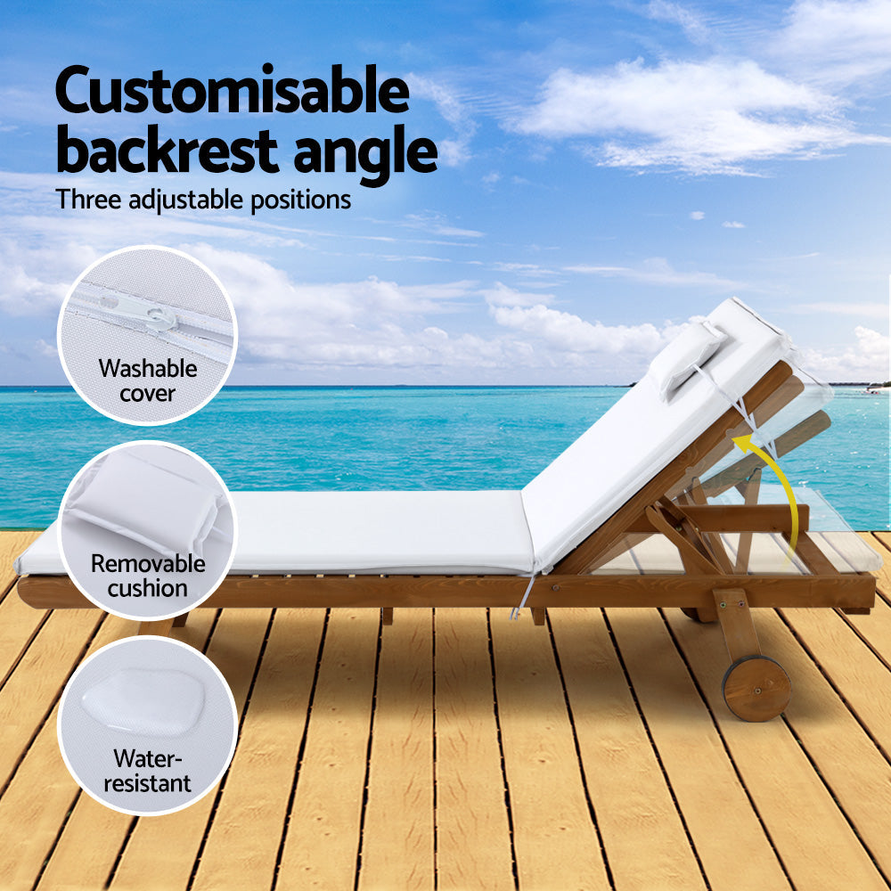 Gardeon 2pc Sun Lounge Wooden Lounger Outdoor Furniture Day Bed Wheel Patio White Gardeon