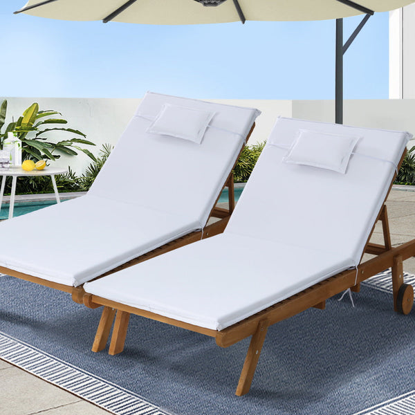Gardeon 2pc Sun Lounge Wooden Lounger Outdoor Furniture Day Bed Wheel Patio White Gardeon