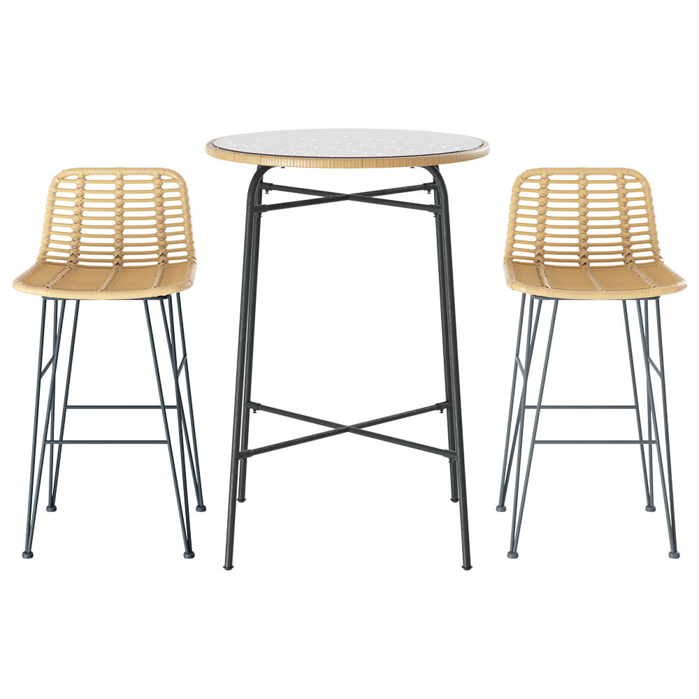 Gardeon 3 PCS Outdoor Bar Set Wicker Dining Bistro Patio Table Chairs Set Steel Gardeon