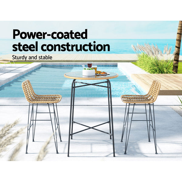 Gardeon 3 PCS Outdoor Bar Set Wicker Dining Bistro Patio Table Chairs Set Steel Gardeon