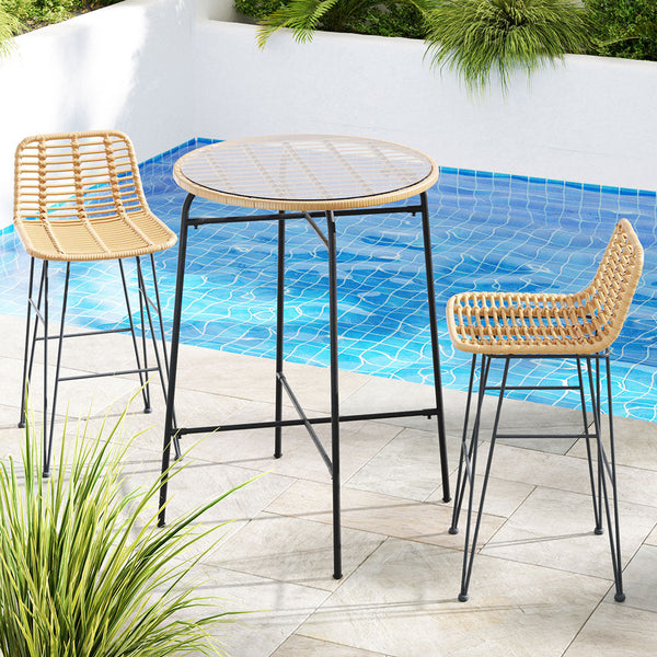 Gardeon 3 PCS Outdoor Bar Set Wicker Dining Bistro Patio Table Chairs Set Steel Gardeon