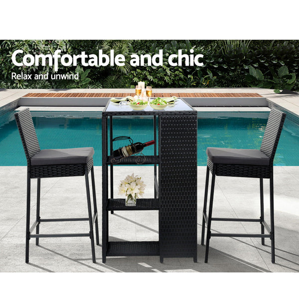 Gardeon 3 PCS Outdoor Bar Table Stools Set Patio Furniture Dining Chairs Wicker Gardeon