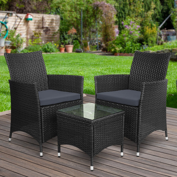 Gardeon 3 Piece Wicker Outdoor Furniture Set - Black freeshipping - Awezingly