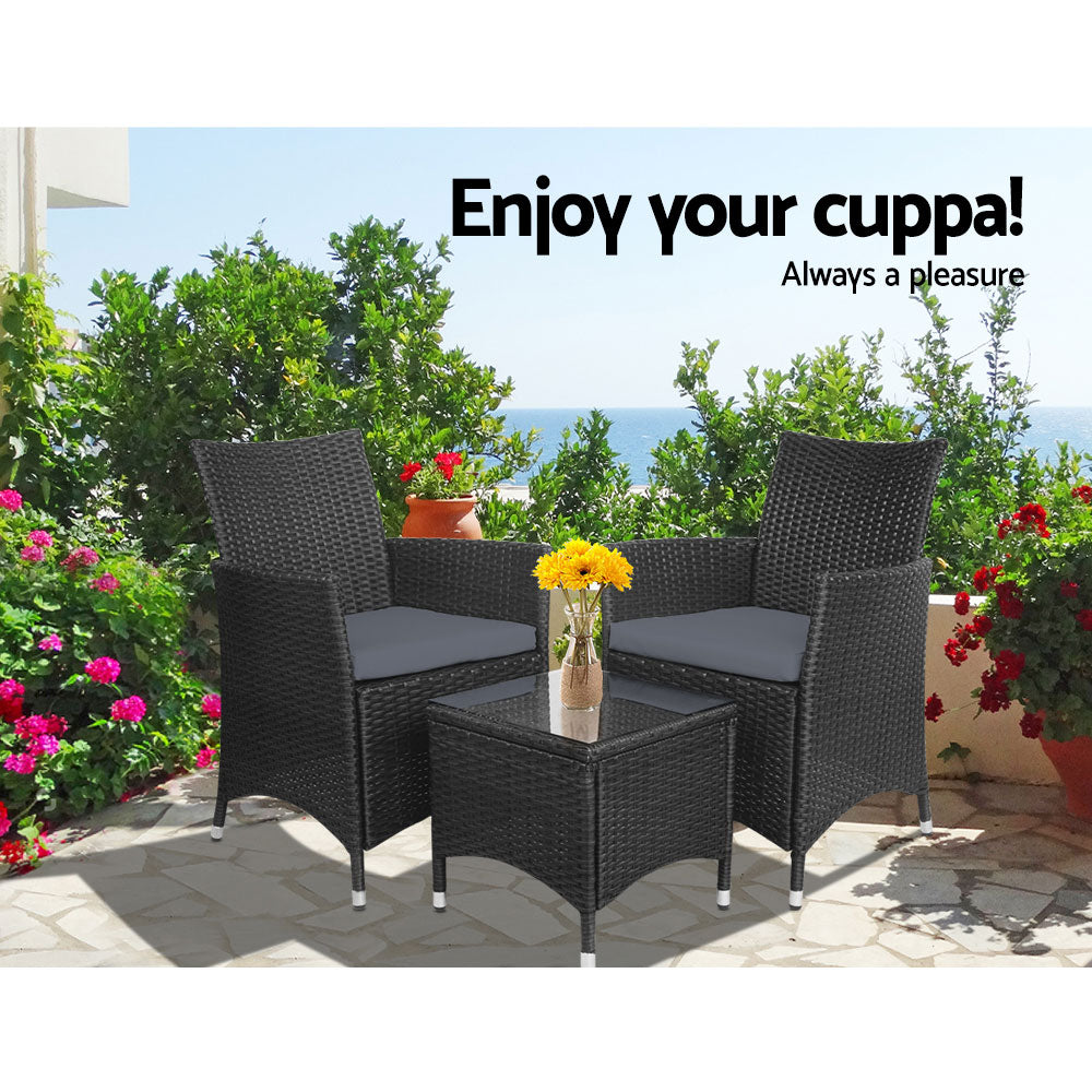 Gardeon 3 Piece Wicker Outdoor Furniture Set - Black freeshipping - Awezingly