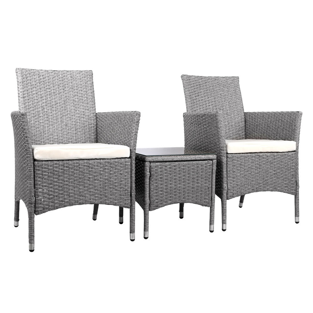 3 Piece Wicker Outdoor Chair Side Table Furniture Set - Grey freeshipping - Awezingly