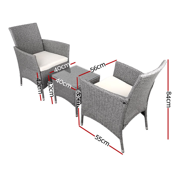 3 Piece Wicker Outdoor Chair Side Table Furniture Set - Grey freeshipping - Awezingly
