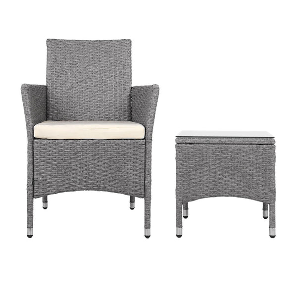 3 Piece Wicker Outdoor Chair Side Table Furniture Set - Grey freeshipping - Awezingly
