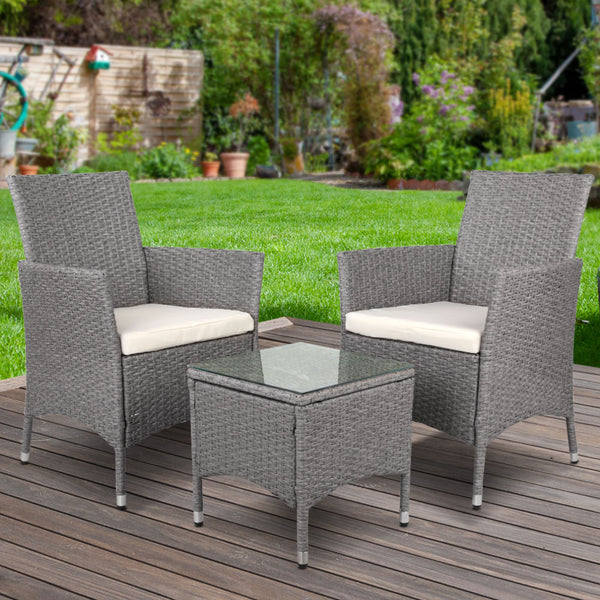 3 Piece Wicker Outdoor Chair Side Table Furniture Set - Grey freeshipping - Awezingly