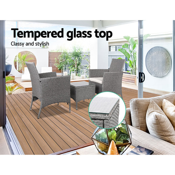 3 Piece Wicker Outdoor Chair Side Table Furniture Set - Grey freeshipping - Awezingly