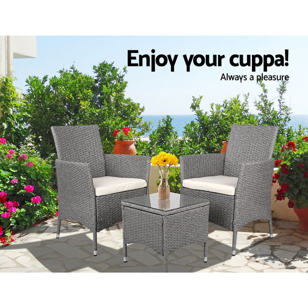 3 Piece Wicker Outdoor Chair Side Table Furniture Set - Grey freeshipping - Awezingly